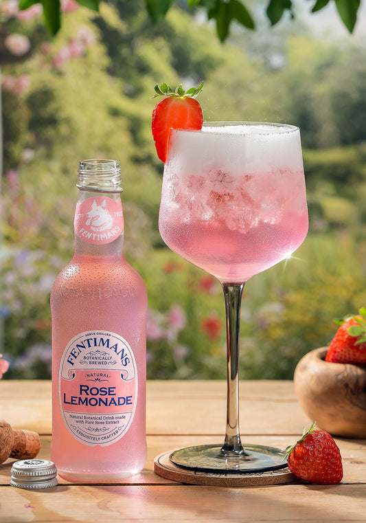 A bottle of Fentimans Rose Lemonade with a balloon glass of the Signature Rose Spritz garnished with a strawberry in a garden setting